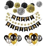 Deko Geburtstag, Geburtstag Dekoration Set,Pomisty Happy Birthday Dekoration 41 Stücks mit 9 Tissue Papier Pom Poms + 30 Große Geperlte Ballons + 1 HAPPY BIRTHDAY Banner für Alle Männer und Frauen